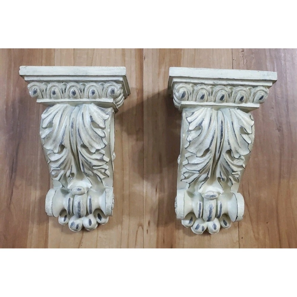 Acanthus Leaf Drapery Sconce Pair Cottage Cream Curtain Rod Brackets FLAWED